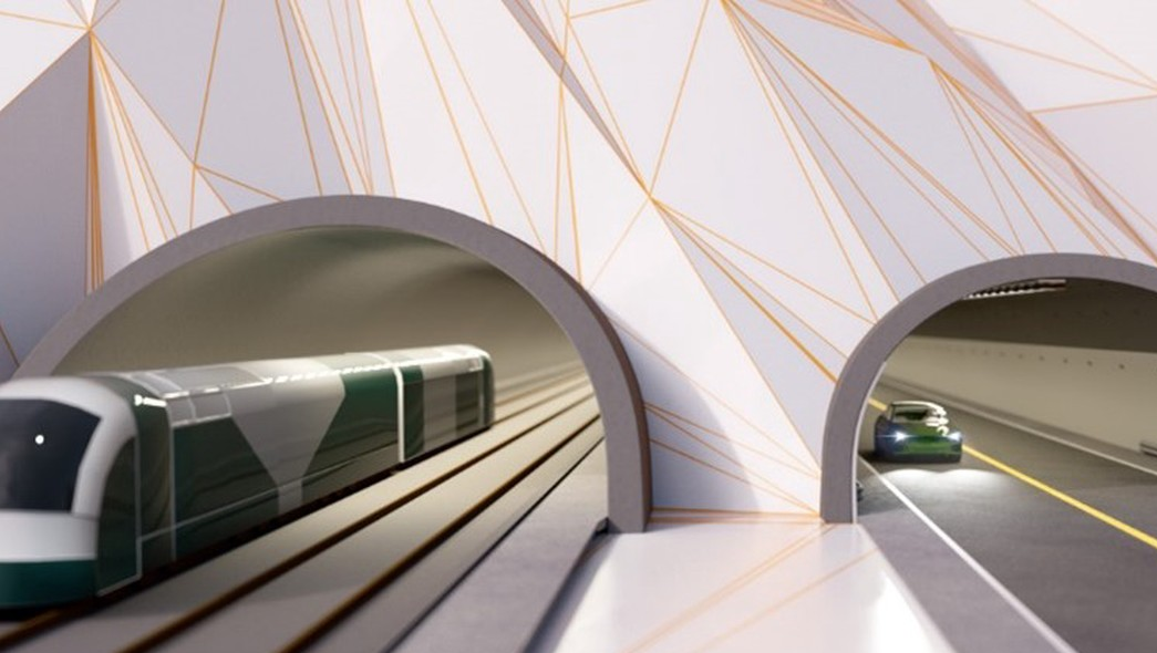 Illustrasjon av ny veg- og banetunnel mellom Bergen og Voss